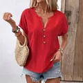 Casual red V-neck short sleeve t-shirt for women with stylish button details for summer - Red
