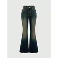 Retro high-waisted flared denim jeans featuring vintage washed aesthetic and bell-bottom silhouette - S / Bottoms / Blue