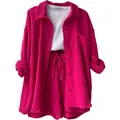 Vibrant magenta women's two-piece crinkle fabric leisure set featuring shirt and shorts - S / Top And Bottom / Rose Red