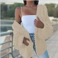 Chunky beige cable knit cardigan for women, loose fit open front winter sweater coat. - Apricot