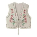 Gilet court beige vintage sans manches avec broderie florale rose et bordure en dentelle - S / Milky blanc