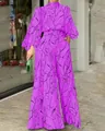 Elegante tuta viola con stampa astratta del viso unica e design con vita segnata - Taglia S / Viola A Maniche Lunghe