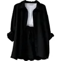 Stylish women's 2-piece black crinkle long sleeve shirt and high waist drawstring shorts set - S / Top And Bottom / Black