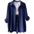 Stylish navy blue women's two-piece set featuring crinkle shirt and drawstring shorts - S / Top And Bottom / Navy Blue