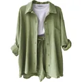 Casual green crinkle fabric three-piece set featuring long sleeve shirt and shorts - S / Top And Bottom / Light Green