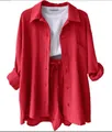 Red linen-textured two-piece set with button-down shirt and drawstring shorts - S / Top And Bottom / Red