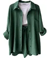 Casual women's dark green crinkle fabric long sleeve shirt and drawstring shorts set - S / Top And Bottom / Dark Green