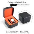 Estuche octogonal de cuero negro para reloj con interior naranja vibrante - Textura de piel / Negro / Interior Naranja