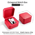 Red octagonal luxury watch gift box with lychee pattern leather and soft white pillow - Lychee Texture / Red