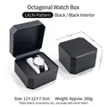 Premium black lychee texture octagonal watch storage box, dimensions 12x12x7.3cm - Lychee Texture / Black / Black Interior
