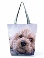 Close-up of large capacity tote bag featuring a cute poodle portrait oil painting print. - Realistic Poodle Portrait - White (hl4598)