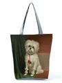 Artistic poodle oil painting print on a spacious canvas tote bag with silver straps. - Oil Painting Style White Poodle - Light Gray Blue (hl4600)