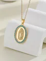 Elegant gold Virgin Mary oval pendant necklace featuring turquoise bead border design - Our Lady of Guadalupe Oval Style (TP-04021-01) / Gold Blue Zircon