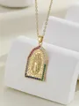Gold pendant necklace with Our Lady of Guadalupe icon and colorful cubic zirconia - Arch Mary Relief Style (TP-04023-01) / Gold Color Multicolored Zirconia
