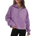 Détail du sweat à capuche violet pour femme avec demi-fermeture éclair et poignets passe-pouce - S / Hauts / Violet
