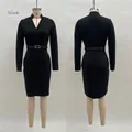 Elegant French style black long-sleeve bodycon midi dress with slim waist belt and V-neckline - S / Top And Bottom / With Belt / Black