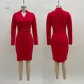 Front and back view of elegant red long sleeve bodycon dress with belt - S / Top And Bottom / With Belt / Red