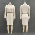Detailed front and back view of elegant apricot long-sleeve V-neck dress with belt - S / Top And Bottom / With Belt / Apricot