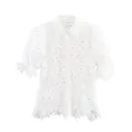 French style white embroidered lace lapel blouse with short puff sleeves on white background - White / XS
