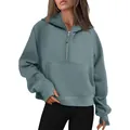 Sweat à capuche oversize à demi-zip avec passe-pouces de couleur bleu poudré - S / Hauts / Bleu sarcelle