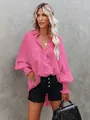 Stylish vibrant pink oversized button-down shirt with pleated cuffs and relaxed vacation fit - S / Tops / Rose Red