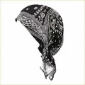 Close-up of black and white paisley print turban cap for women summer fashion - One Size / Black Paisley