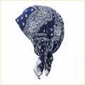 Detail view of navy blue paisley print turban headscarf for women, lightweight accessory. - One Size / Navy Blue Paisley