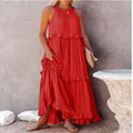 Elegant vibrant red tiered sleeveless maxi dress with a bohemian floor-length silhouette - Orange Red