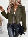 Detail view of a women's olive green faux suede biker jacket with stylish zipper pockets - Green / S