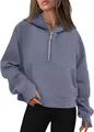 Sweat à capuche oversize bleu poudré pour femme avec demi-fermeture éclair en hiver - S / Hauts / Bleu gris