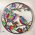 Colorful bird and flower iron wall hanging art decor in 30cm circular design. - Colorful Perched Pair Birds Pattern