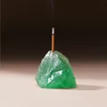 Green natural fluorite crystal raw stone incense stick holder with burning incense - Green Fluorite