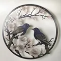 Elegant circular metal wall art featuring two birds on blooming cherry blossom branches. - Fresh Cherry Blossom Birds Pattern