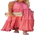 Detailed view of the tiered ruffle hem and textured fabric of the pink sleeveless maxi dress - S / Top And Bottom / Pink
