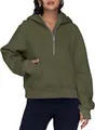 Sweat-shirt à capuche vert olive pour femme avec quart de zip et poche kangourou d'hiver - S / Hauts / Vert Militaire