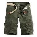 Front view of durable men's army green multi-pocket cargo shorts with a woven belt included. - 29 / Army Green