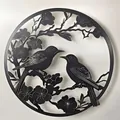 Decorative circular black laser-cut iron wall art featuring birds and floral blossoms - Matte Black Bird Flower Hollow Pattern