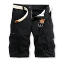Detailed view of men's black cotton cargo shorts featuring multi-pockets and a woven belt - 29 / Black
