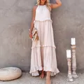 Elegant bohemian sleeveless tiered ruffle maxi dress in beige for beach summer fashion - Apricot
