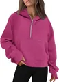 Sweat-shirt à capuche rose magenta pour femme avec demi-zip, poche kangourou et passe-pouces - S / Hauts / Rouge Prune