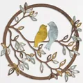 Vintage circular iron wall art with laser-cut birds and leaves on a branch decoration - Bird 3