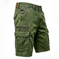 Men's olive green washed denim cargo shorts with multiple pockets and tactical D-ring - M / Bottoms / Army Green