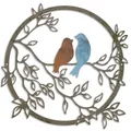 Rustic metal wall art featuring two birds on a leafy branch in a circular frame. - Bird 4