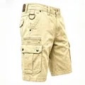 Men's washed beige cargo denim shorts with multi-pockets and tactical D-ring detail - M / Bottoms / Apricot