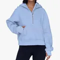 Sweat à capuche premium bleu clair à demi-zip pour femme avec poche kangourou frontale - S / Hauts / Bleu clair