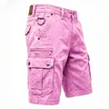 Casual men's pink washed denim cargo shorts featuring multi-pocket design and D-ring detail - M / Bottoms / Rose Red