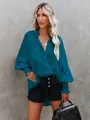 Women's teal blue long sleeve beach cover-up shirt with smocked cuffs for vacation - S / Tops / Teal