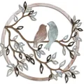 Rustic metal wall art featuring two birds on a branch in circular frame - Bird 6