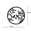 Round black laser-cut metal wall art featuring a tree branch with two birds, 30cm diameter - Double Bird Large Size 30cm