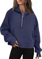 Sweat à capucha bleu marine pour femme avec demi-zip, poche kangourou et passe-pouces - S / Hauts / Bleu marine